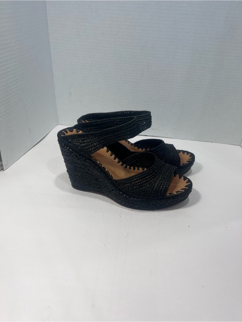 Women's Black Braided Wedge Mules with Ankle Strap